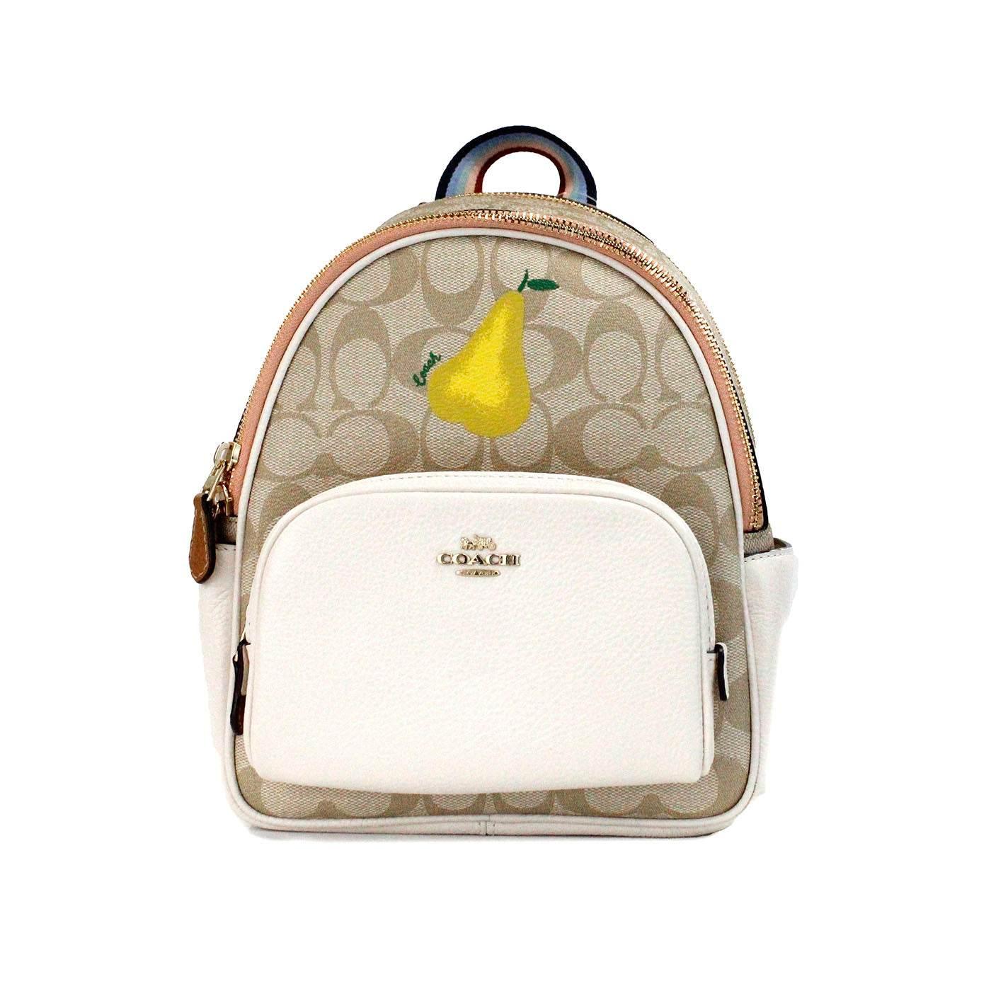COACH Mini Court Signature Pear Motif Shoulder Backpack Bookbag Bag Chalk Taffy - Hilstor