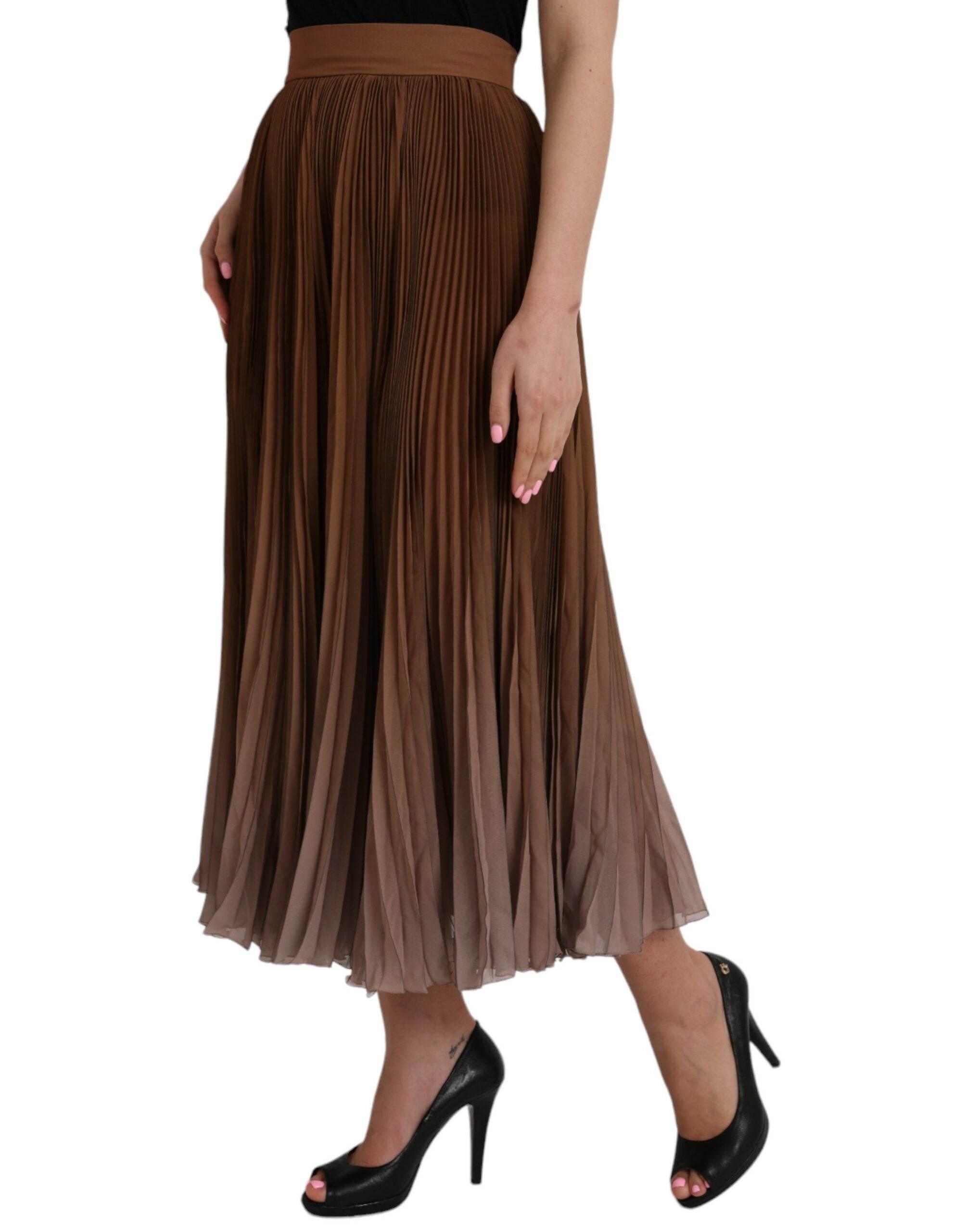 Dolce & Gabbana Brown Polyester Pleated High Waist Midi Skirt - Hilstor