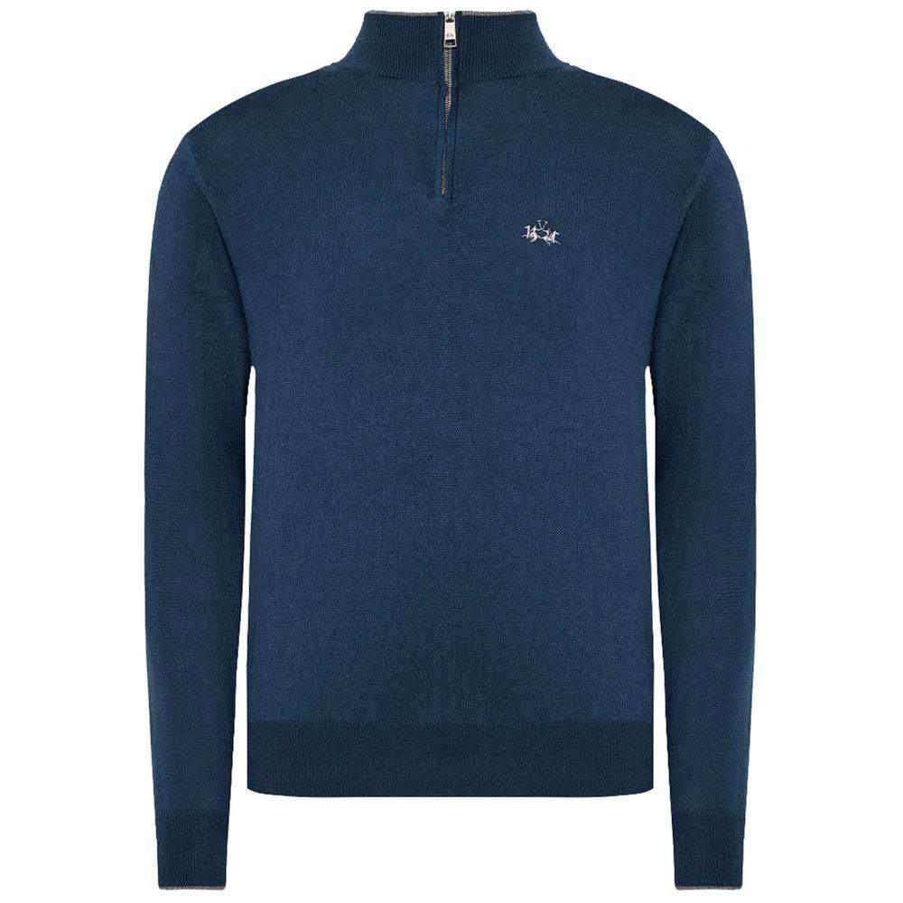 La Martina Blue Wool Men Sweater with Half Zip Closure - Hilstor