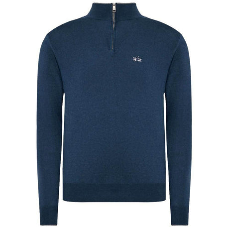 La Martina Blue Wool Men Sweater with Half Zip Closure - Hilstor
