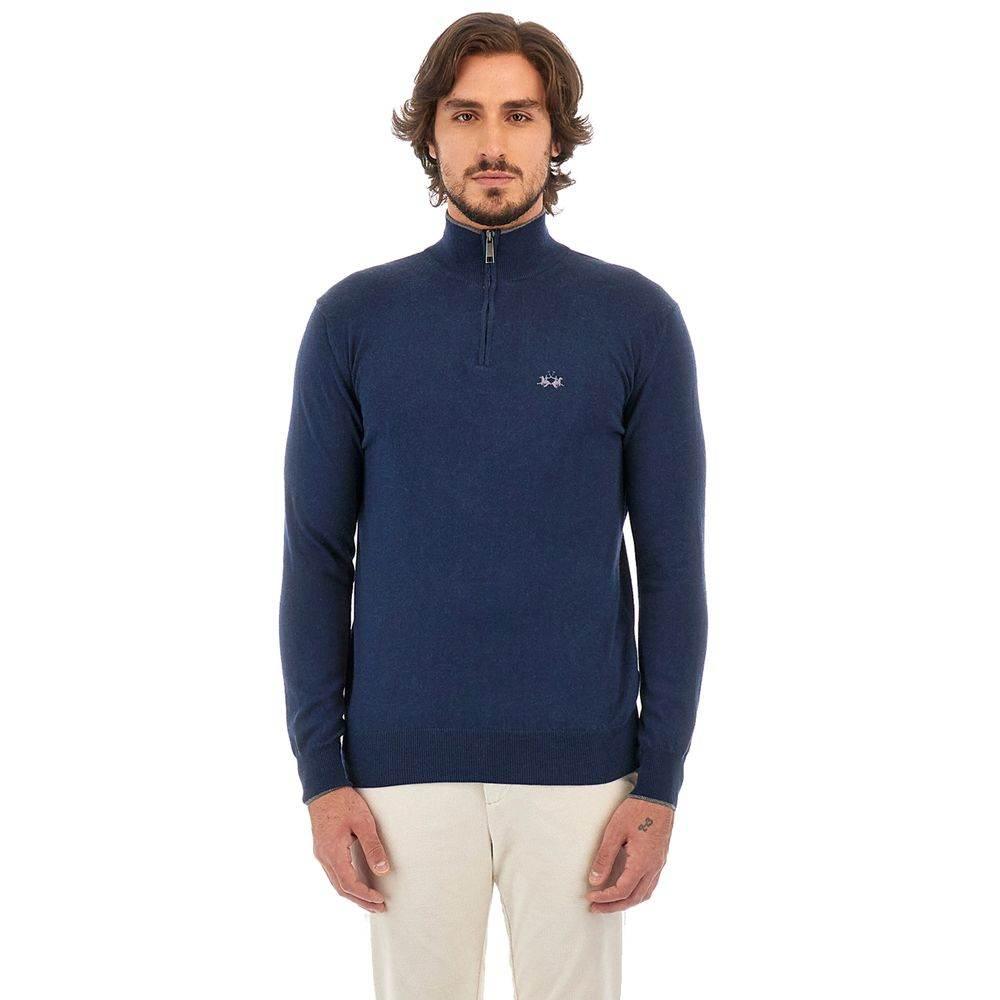 La Martina Blue Wool Men Sweater with Half Zip Closure - Hilstor