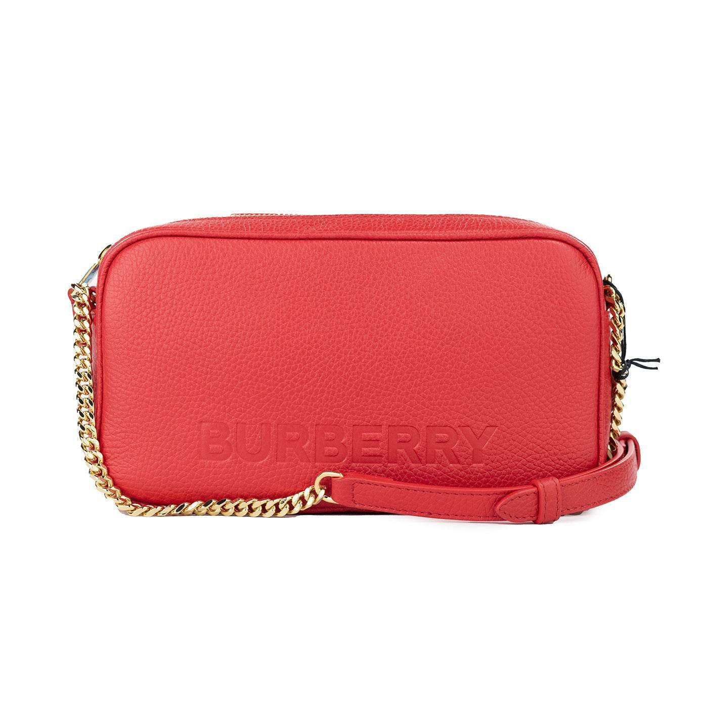 Burberry Small Red Pebbled Leather Elongated Camera Crossbody Bag Purse - Hilstor