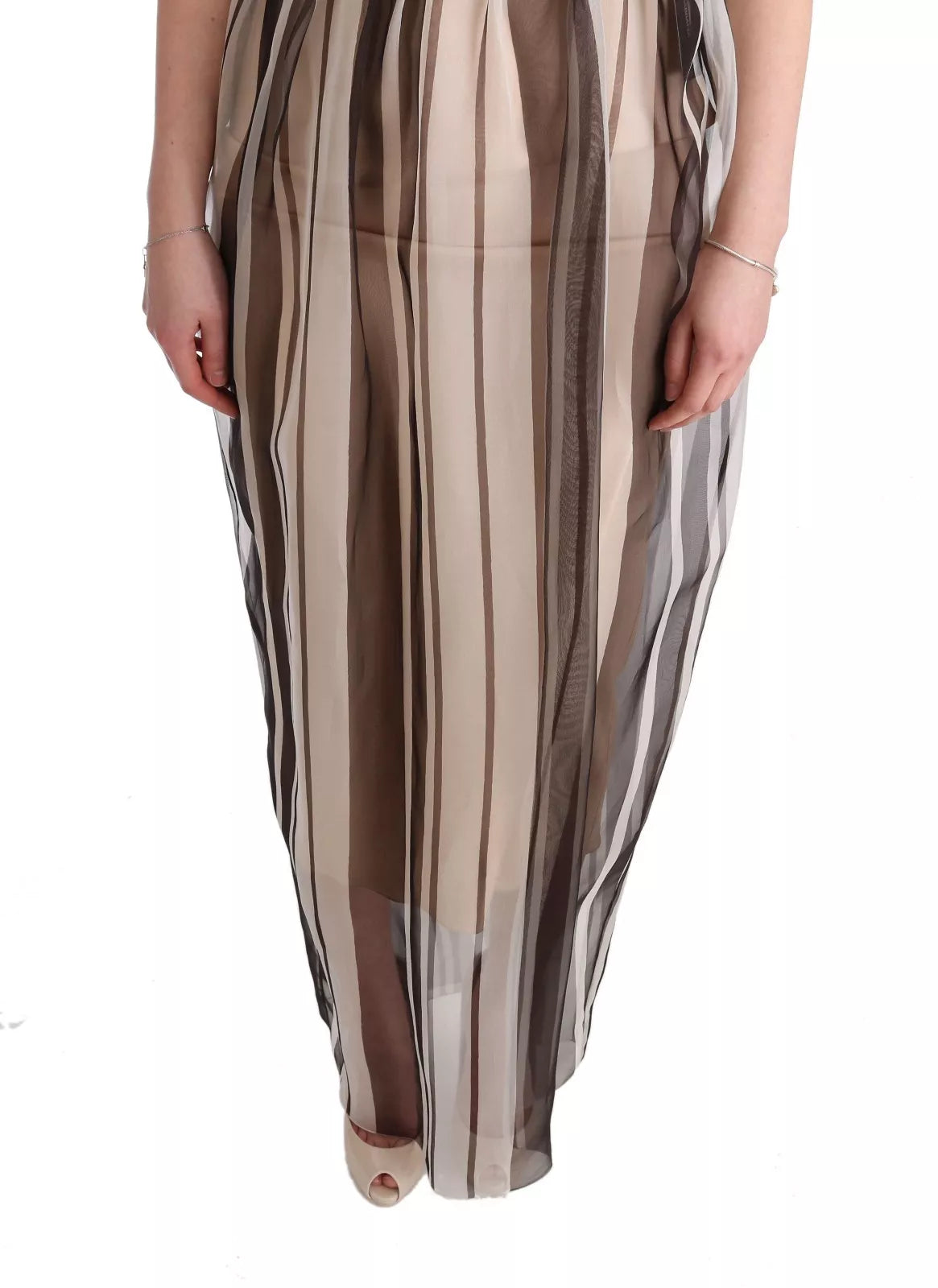 Dolce &amp; Gabbana Beige Brun Stribet Silke Skede Kjole