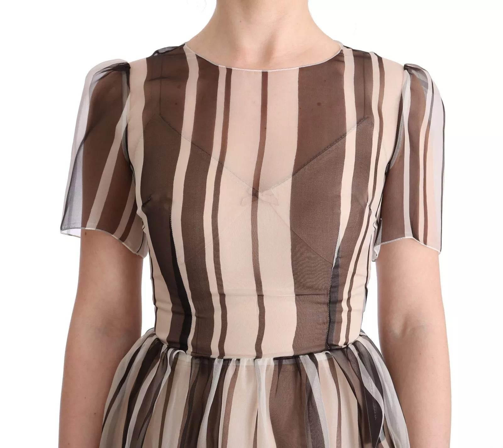 Dolce & Gabbana Beige Brown Striped Silk Sheath Dress - Hilstor