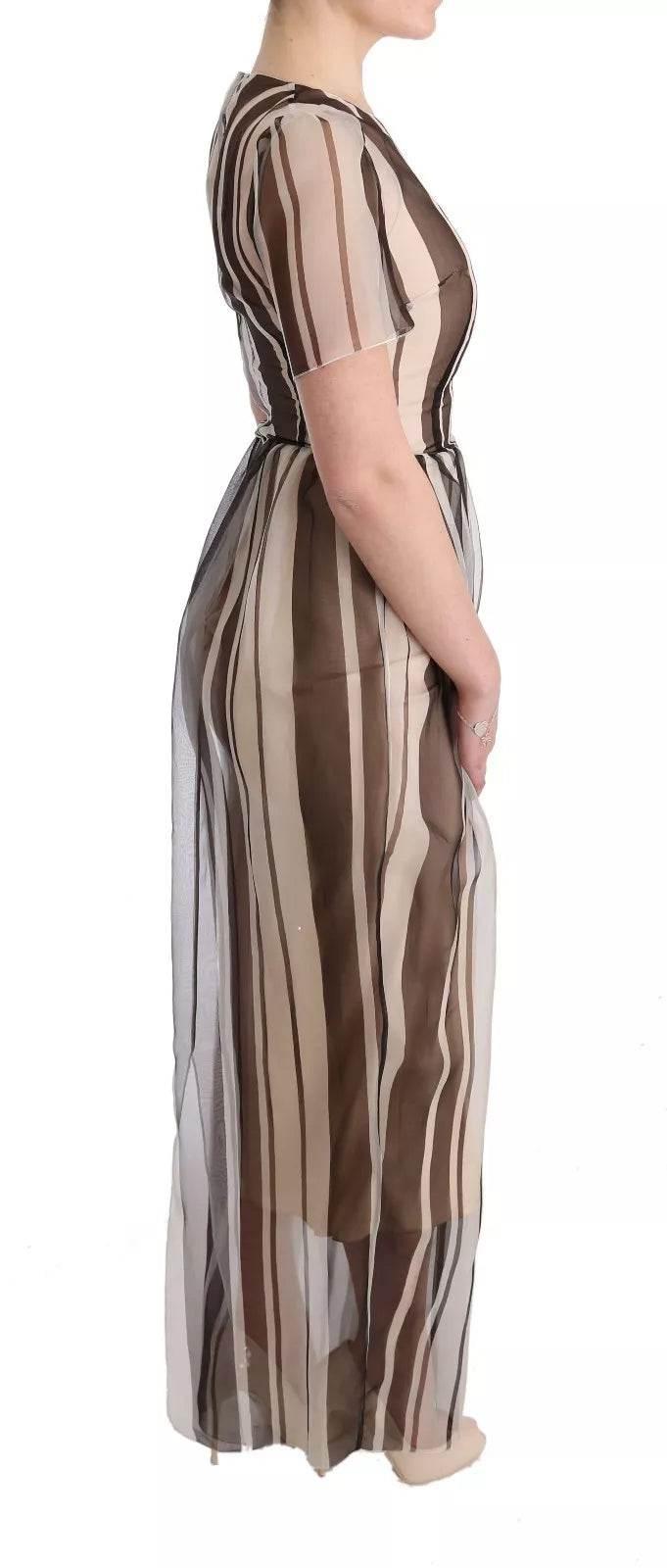 Dolce & Gabbana Beige Brown Striped Silk Sheath Dress - Hilstor