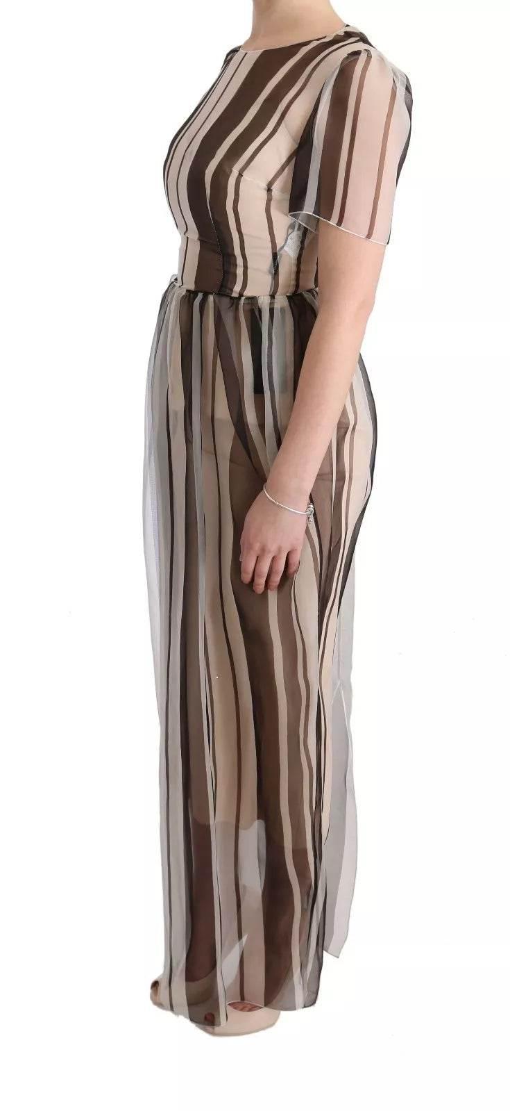 Dolce & Gabbana Beige Brown Striped Silk Sheath Dress - Hilstor