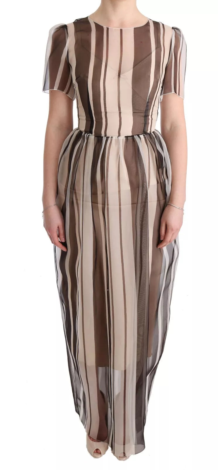 Dolce &amp; Gabbana Beige Brun Stribet Silke Skede Kjole