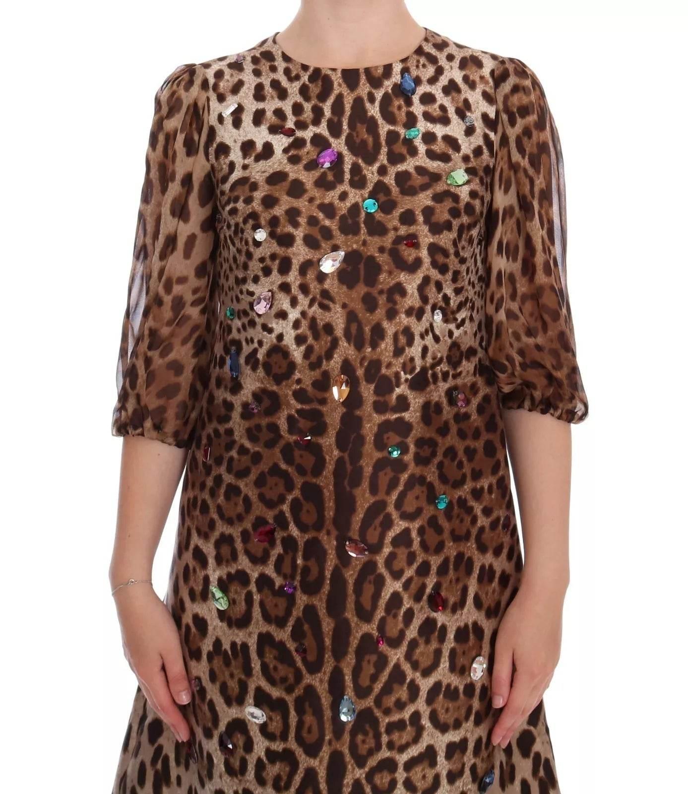 Dolce & Gabbana Leopard Silk Wool Crystal Shift Dress - Hilstor