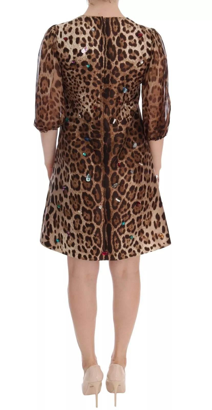 Dolce & Gabbana Leopard Silk Wool Crystal Shift Dress - Hilstor