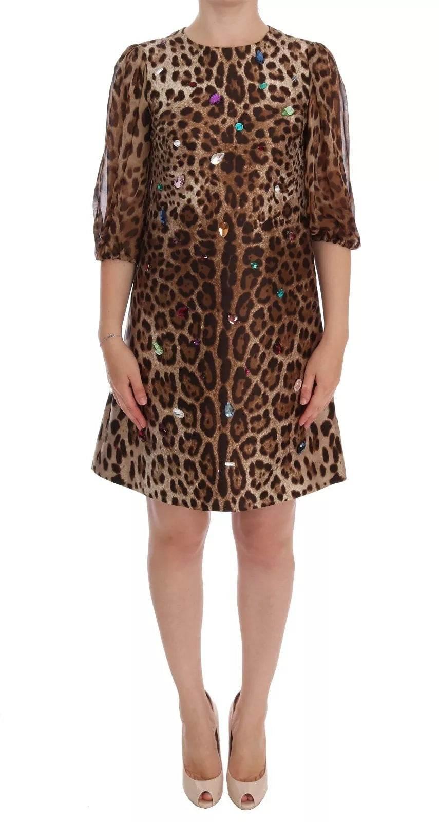 Dolce & Gabbana Leopard Silk Wool Crystal Shift Dress - Hilstor
