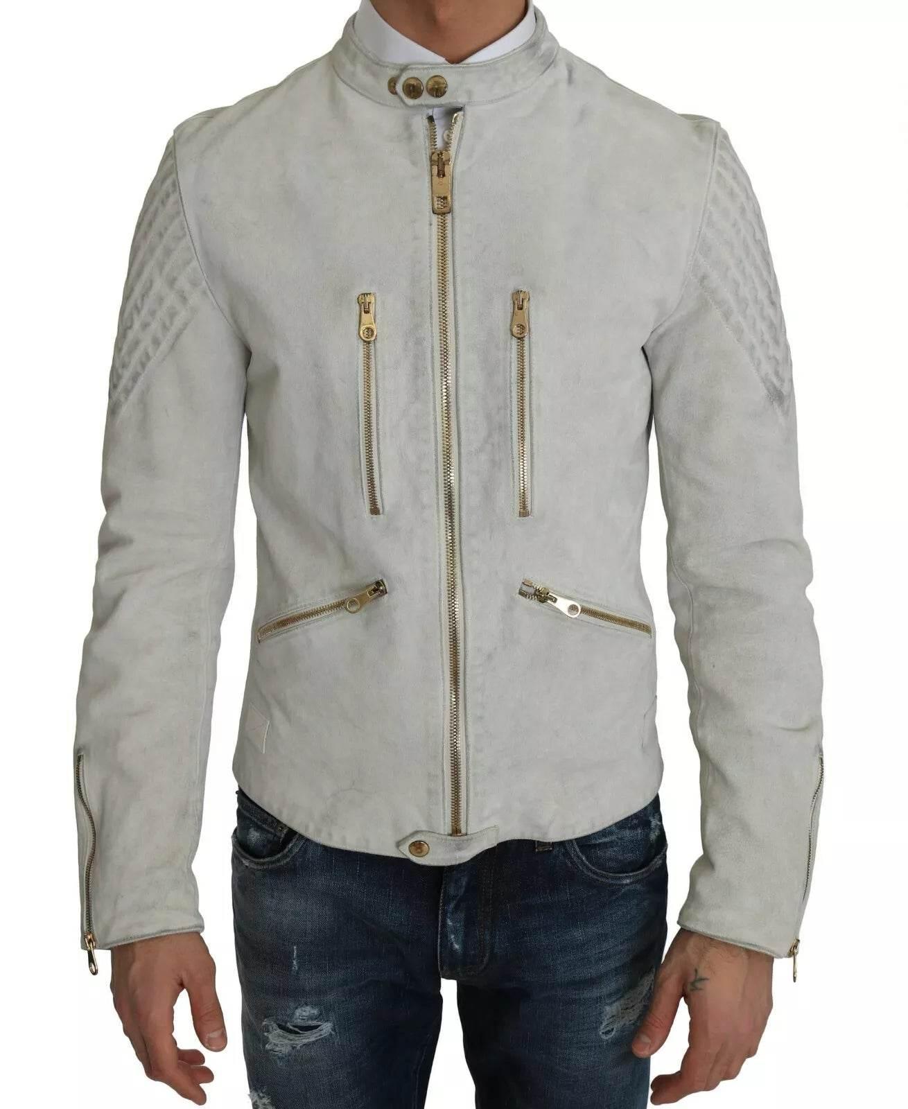 Dolce & Gabbana Leather White Biker Motorcycle Jacket - Hilstor