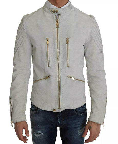 Dolce & Gabbana Leather White Biker Motorcycle Jacket - Hilstor