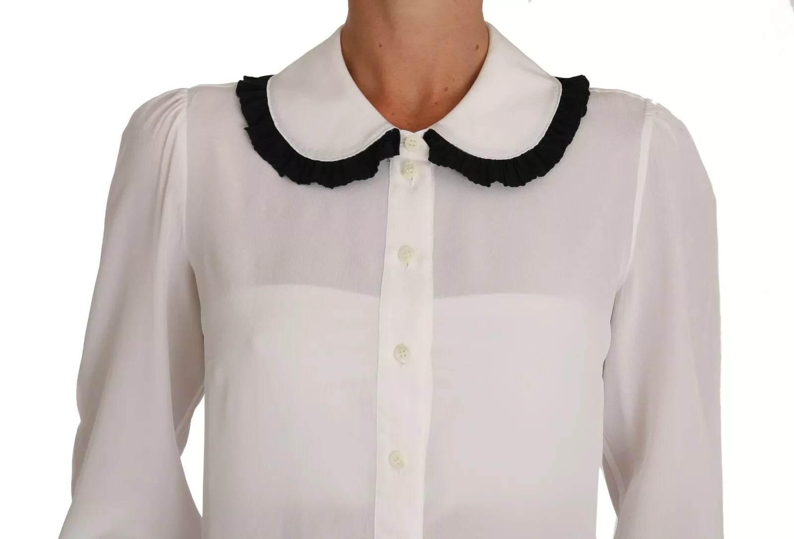 Dolce & Gabbana White Silk Shirt Ruffle Rouded Collar Blouse - Hilstor