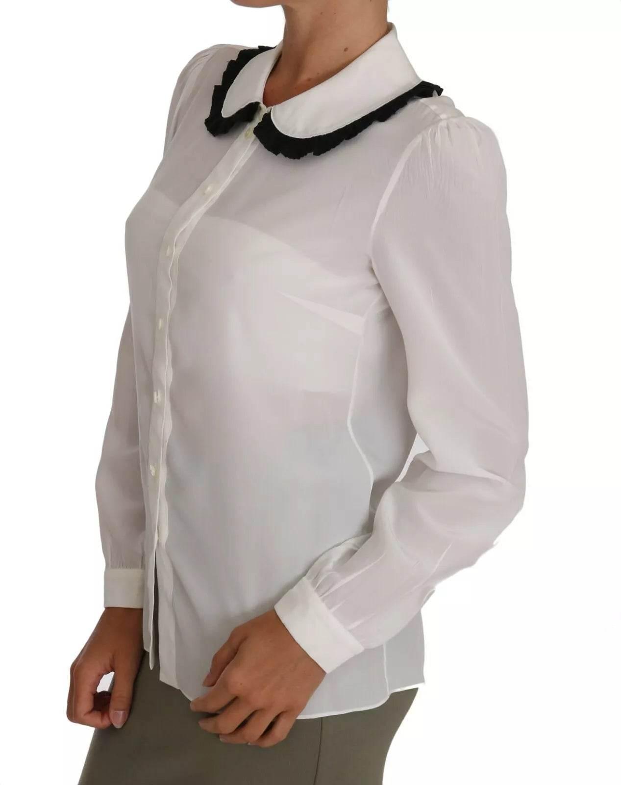 Dolce & Gabbana White Silk Shirt Ruffle Rouded Collar Blouse - Hilstor