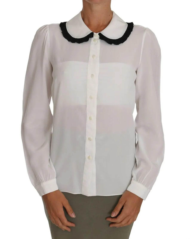Dolce & Gabbana White Silk Shirt Ruffle Rouded Collar Blouse - Hilstor