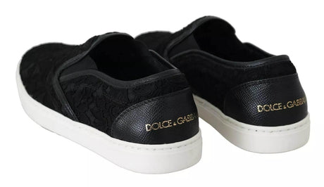 Dolce & Gabbana Black Lace Leather Logo Flat Slip-On Sneakers - Hilstor