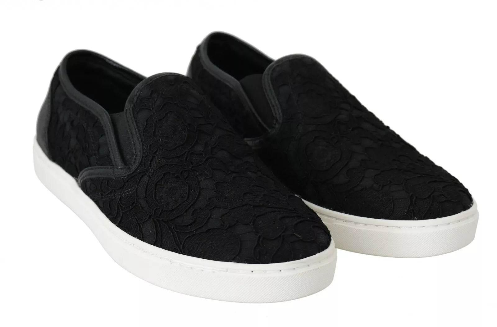 Dolce & Gabbana Black Lace Leather Logo Flat Slip-On Sneakers - Hilstor