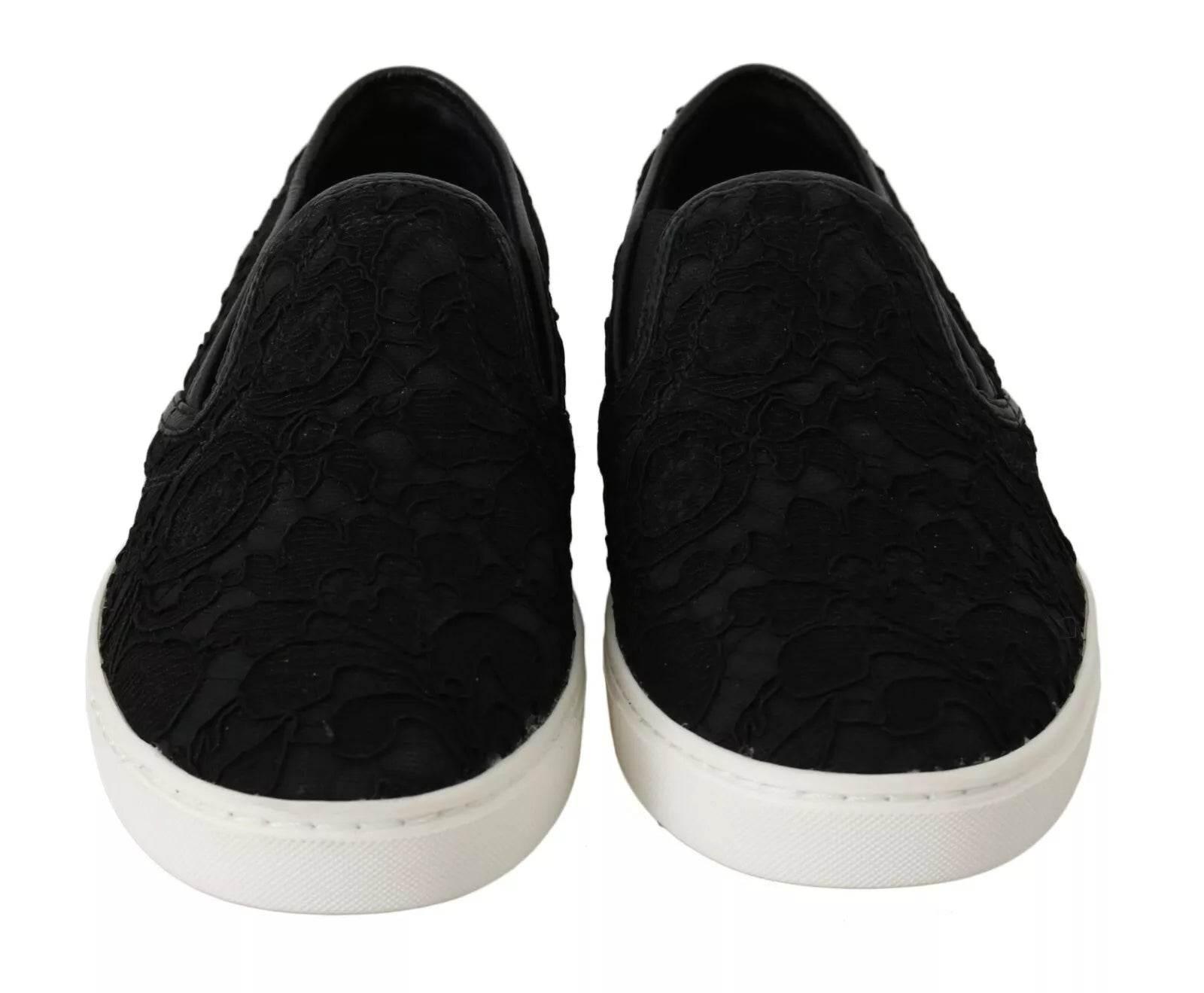 Dolce & Gabbana Black Lace Leather Logo Flat Slip-On Sneakers - Hilstor