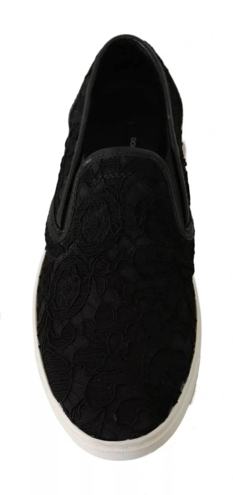 Dolce & Gabbana Black Lace Leather Logo Flat Slip-On Sneakers - Hilstor