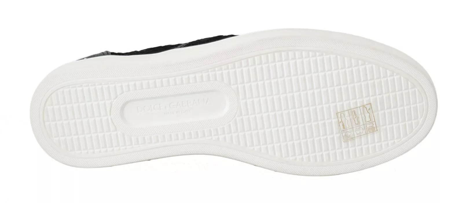Dolce & Gabbana Black Lace Leather Logo Flat Slip-On Sneakers - Hilstor