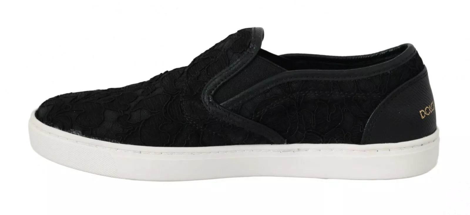 Dolce & Gabbana Black Lace Leather Logo Flat Slip-On Sneakers - Hilstor