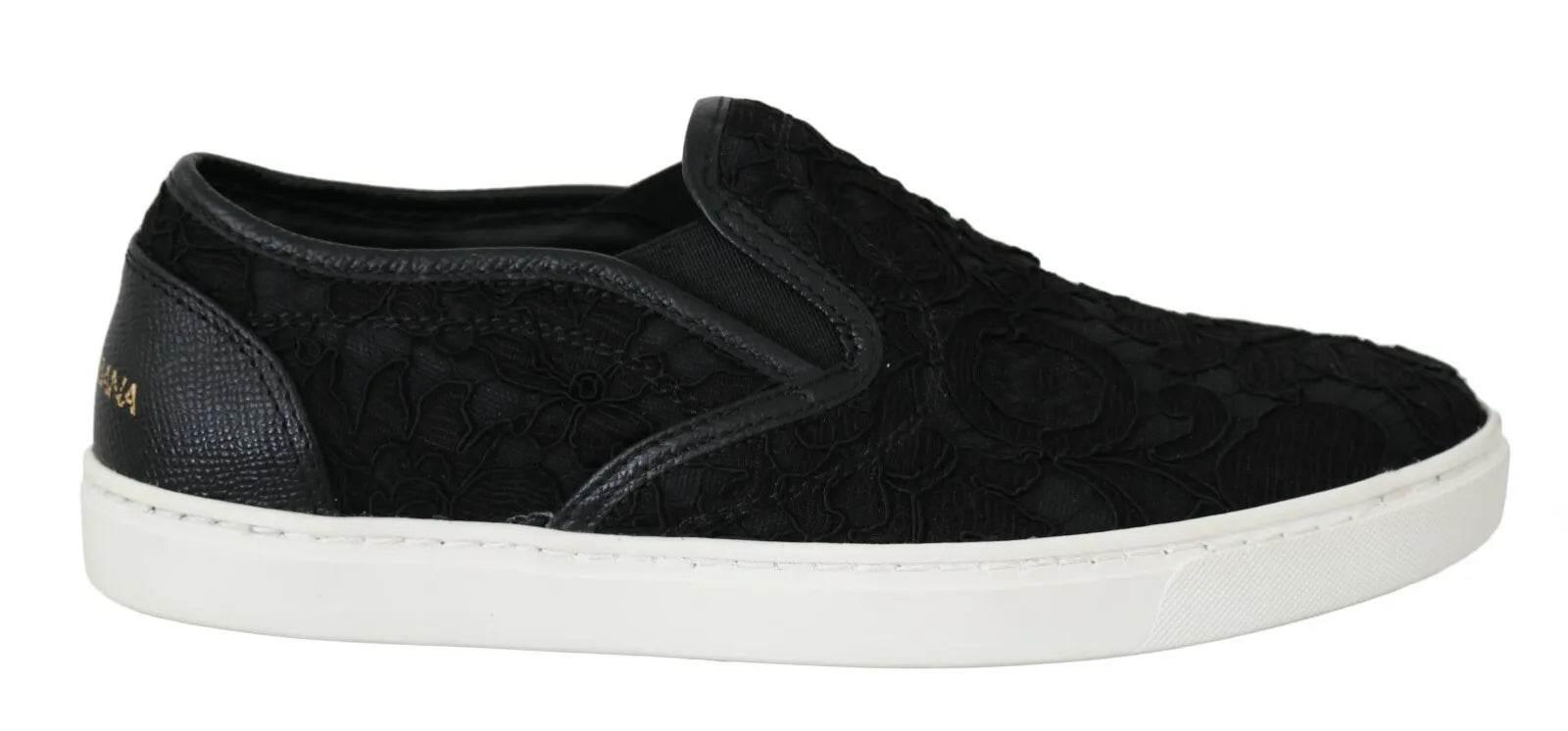 Dolce & Gabbana Black Lace Leather Logo Flat Slip-On Sneakers - Hilstor