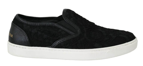 Dolce & Gabbana Black Lace Leather Logo Flat Slip-On Sneakers - Hilstor