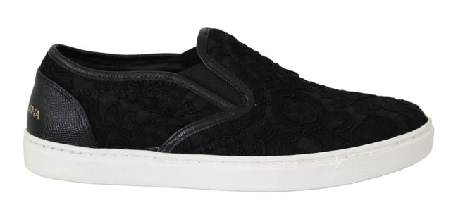 Dolce & Gabbana Black Lace Leather Logo Flat Slip-On Sneakers - Hilstor