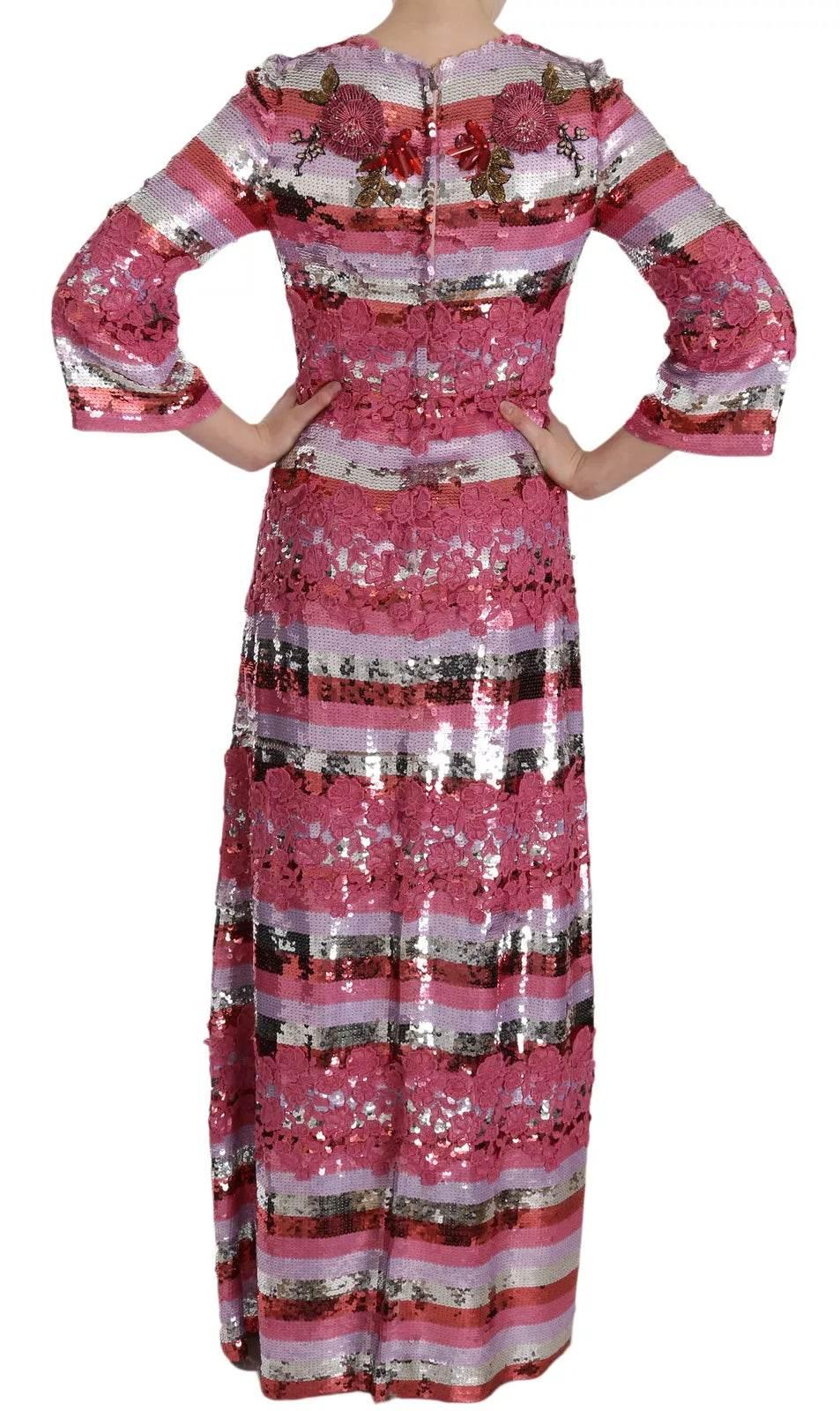Dolce & Gabbana Pink Floral Sequined Crystal Gown Dress - Hilstor
