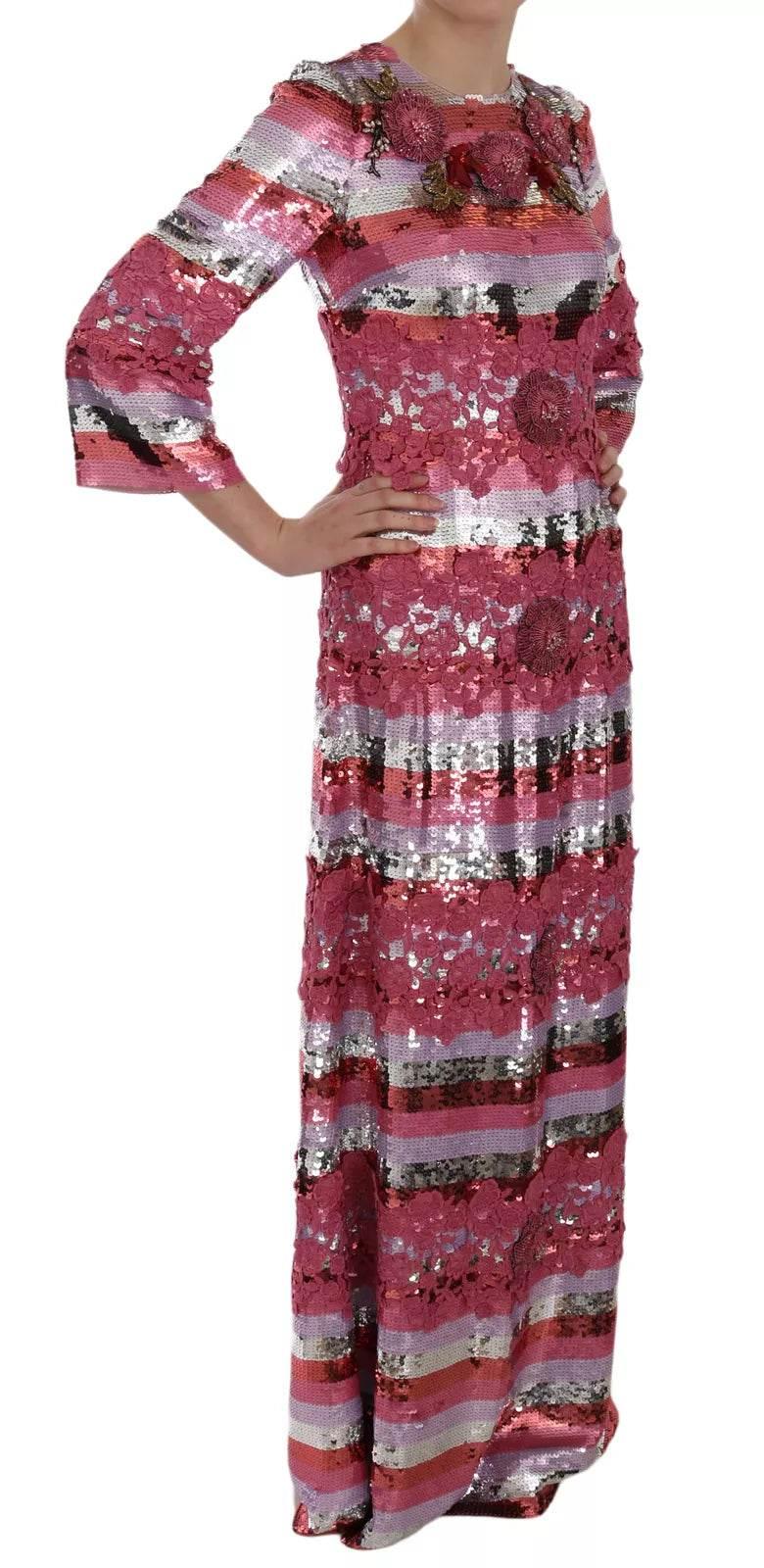 Dolce & Gabbana Pink Floral Sequined Crystal Gown Dress - Hilstor
