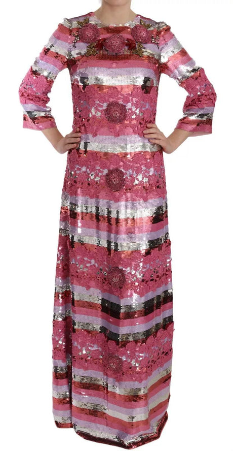 Dolce & Gabbana Pink Floral Sequined Crystal Gown Dress - Hilstor