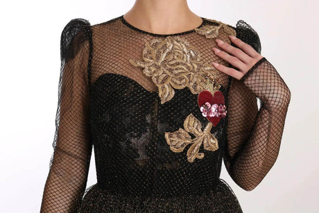 Dolce & Gabbana Black Gold Crystal Heart A-line Dress - Hilstor