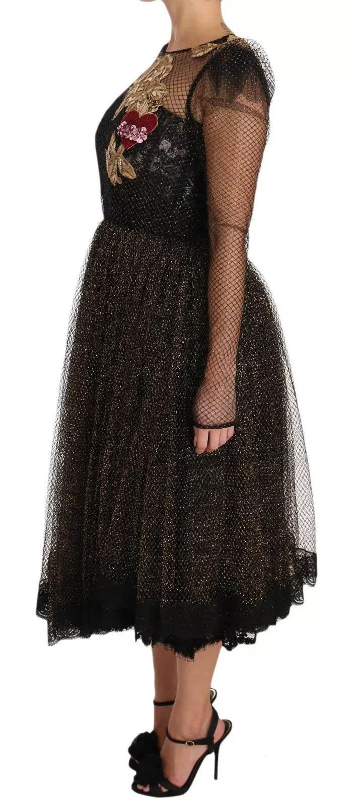 Dolce & Gabbana Black Gold Crystal Heart A-line Dress - Hilstor