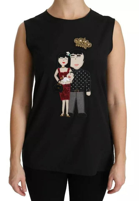 Dolce & Gabbana Black Silk DG Family Crystal Sleeveless Top - Hilstor
