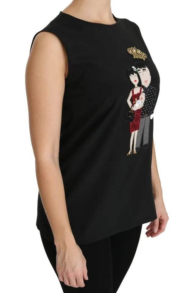 Dolce & Gabbana Black Silk DG Family Crystal Sleeveless Top - Hilstor