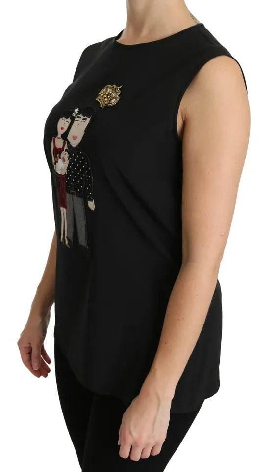 Dolce & Gabbana Black Silk DG Family Crystal Sleeveless Top - Hilstor