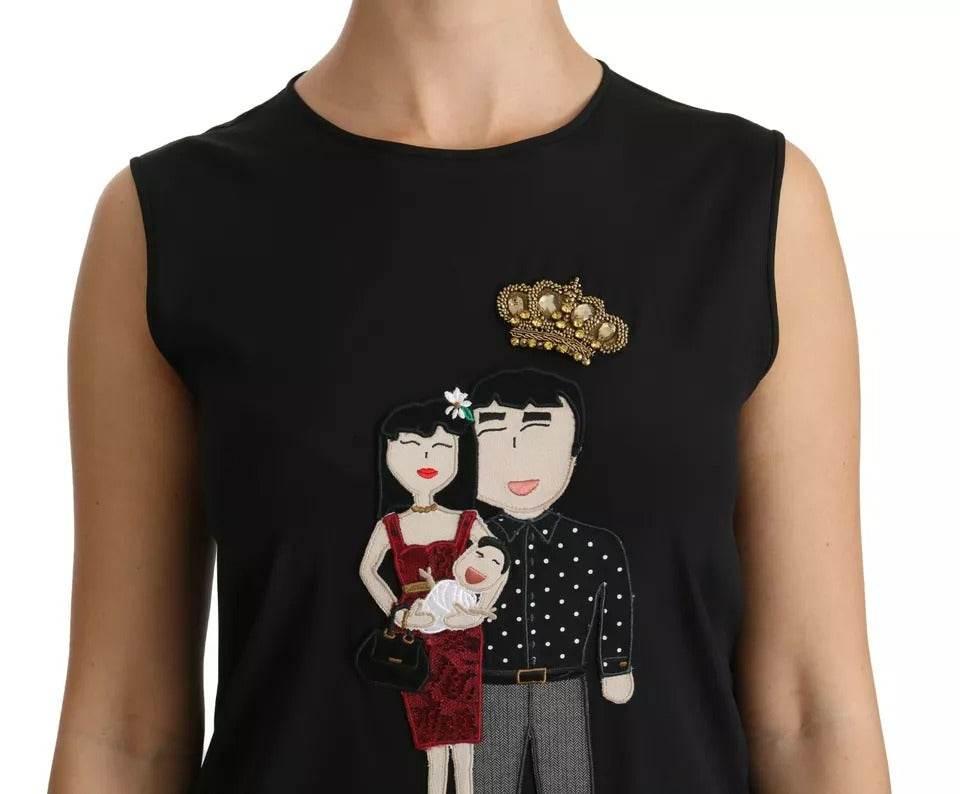 Dolce & Gabbana Black Silk DG Family Crystal Sleeveless Top - Hilstor
