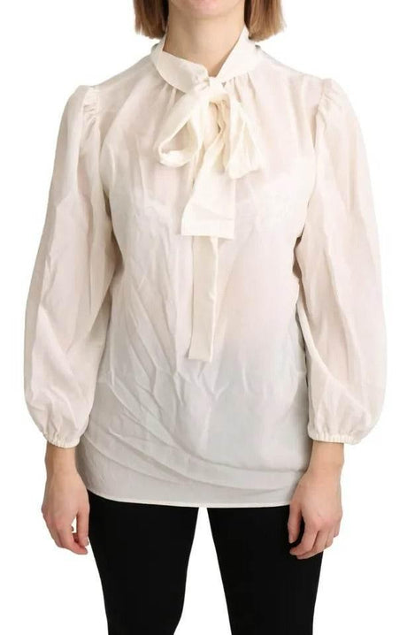 Dolce & Gabbana Off White Scarfneck Long Sleeves Blouse Silk Top - Hilstor