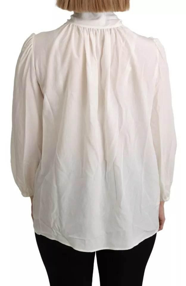 Dolce & Gabbana Off White Scarfneck Long Sleeves Blouse Silk Top - Hilstor