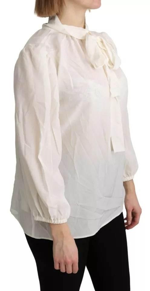 Dolce & Gabbana Off White Scarfneck Long Sleeves Blouse Silk Top - Hilstor