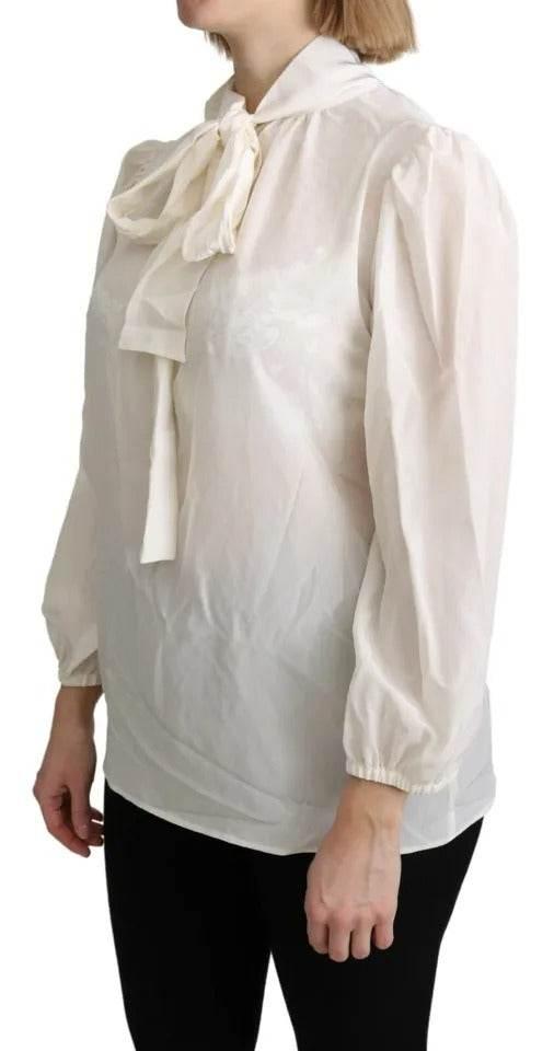 Dolce & Gabbana Off White Scarfneck Long Sleeves Blouse Silk Top - Hilstor