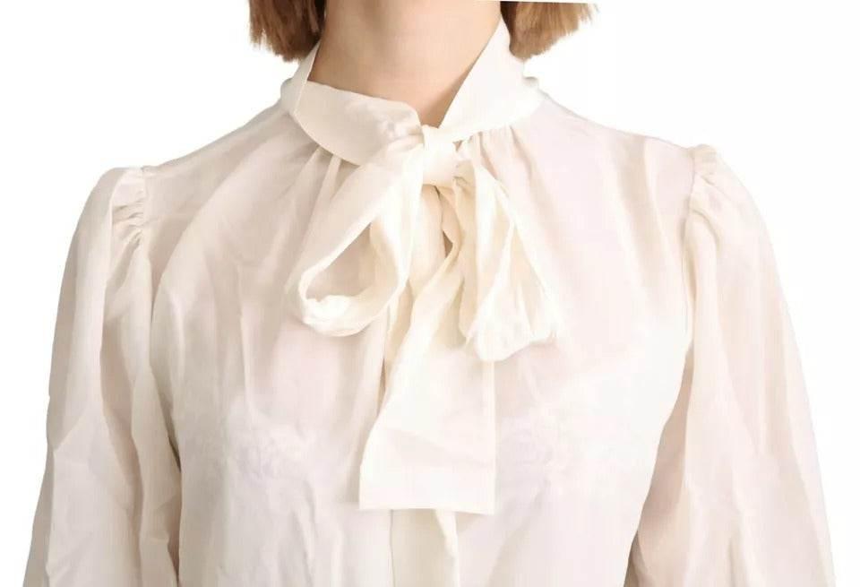 Dolce & Gabbana Off White Scarfneck Long Sleeves Blouse Silk Top - Hilstor