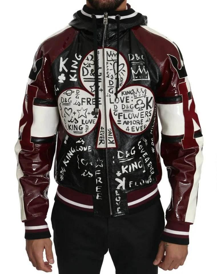 Dolce & Gabbana Black Bordeaux Hooded Leather DG King of Love Jacket - Hilstor