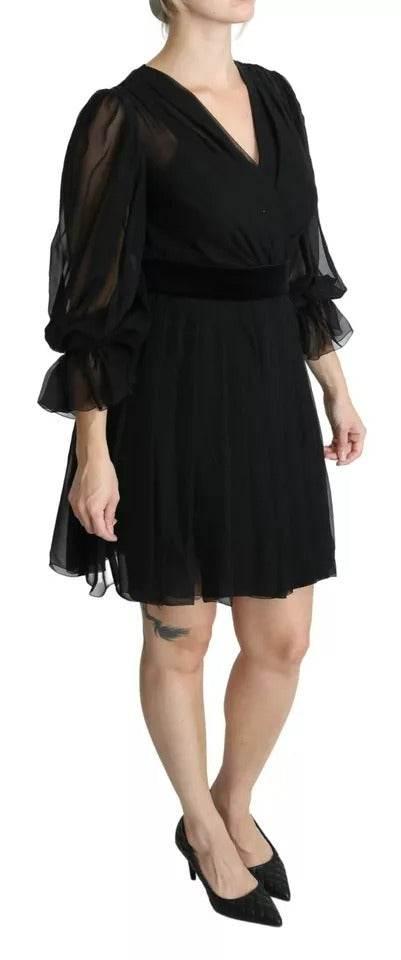 Dolce & Gabbana Black Mesh Pleated Mini Silk Blend Dress - Hilstor