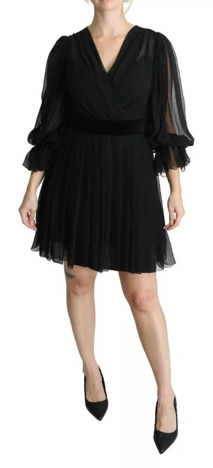 Dolce &amp; Gabbana Sort Mesh Plisseret Mini Silk Blend Kjole