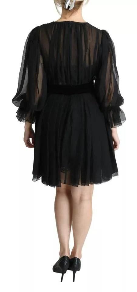 Dolce & Gabbana Black Mesh Pleated Mini Silk Blend Dress - Hilstor