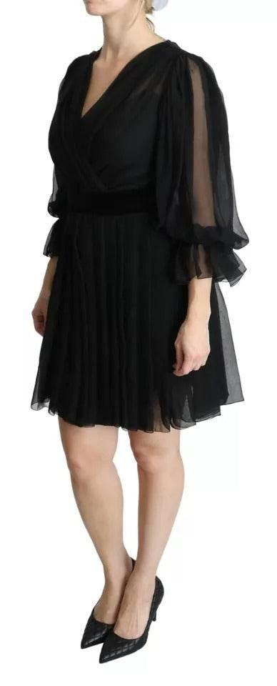 Dolce & Gabbana Black Mesh Pleated Mini Silk Blend Dress - Hilstor