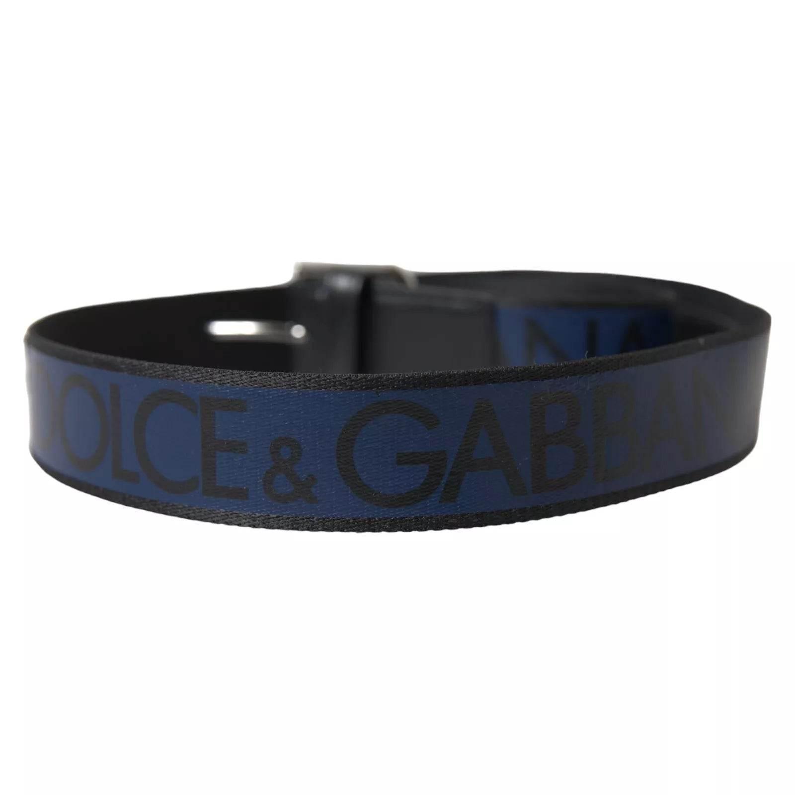 Dolce & Gabbana Black Blue Logo Silver Metal Buckle Belt - Hilstor
