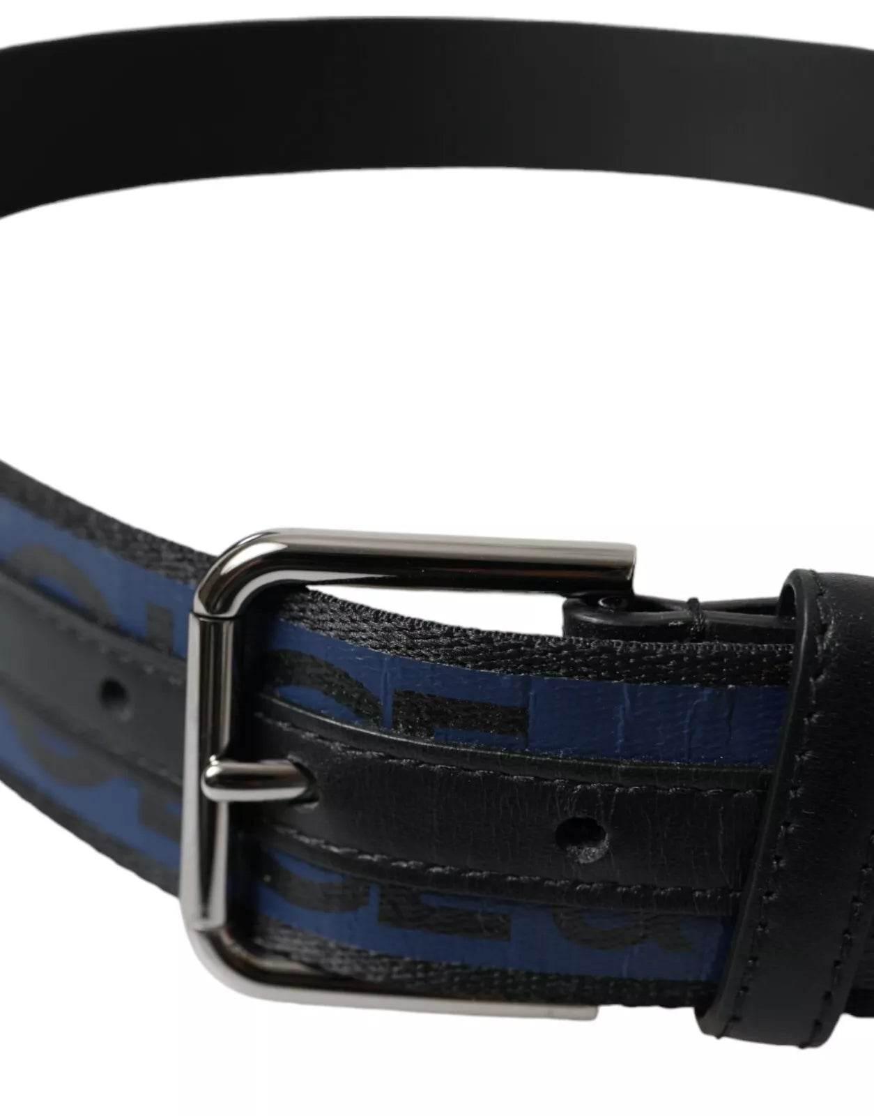 Dolce & Gabbana Black Blue Logo Silver Metal Buckle Belt - Hilstor