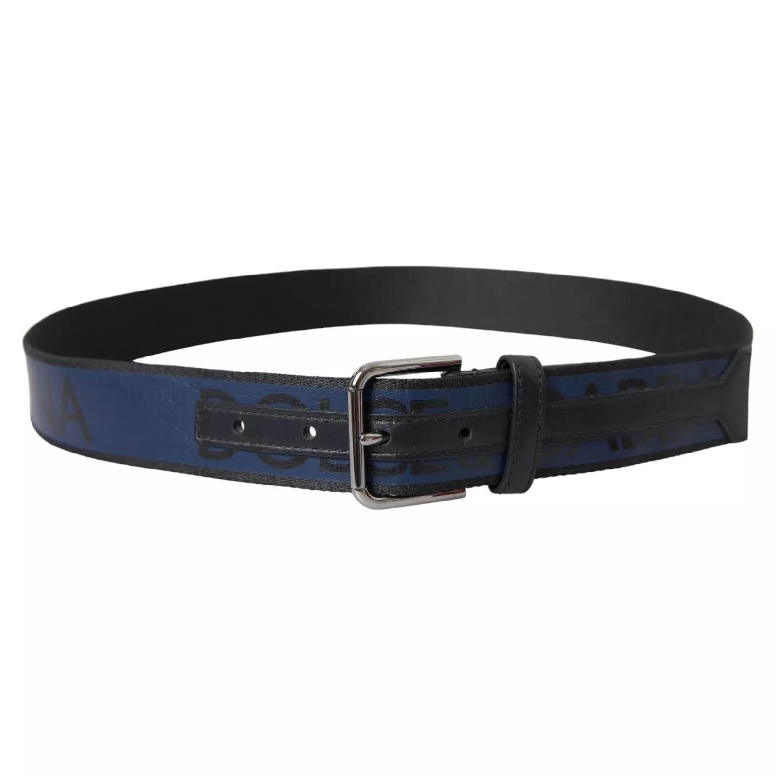 Dolce & Gabbana Black Blue Logo Silver Metal Buckle Belt - Hilstor
